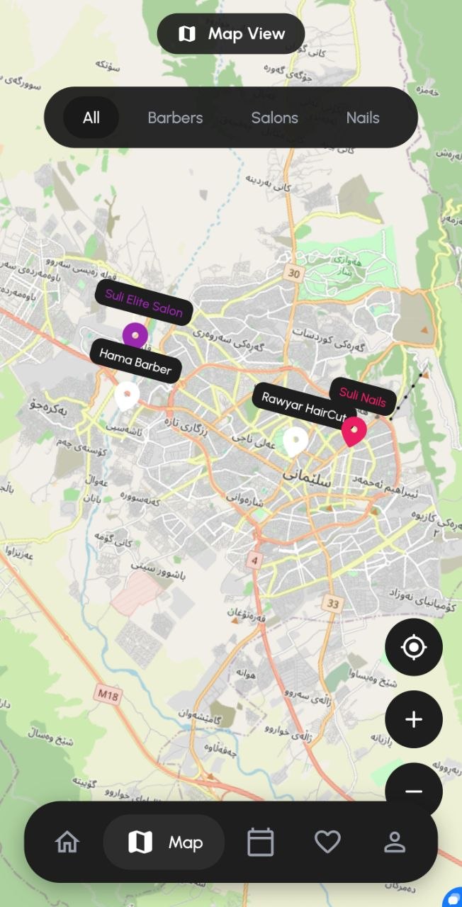 Map UI mockup showing nearby salons